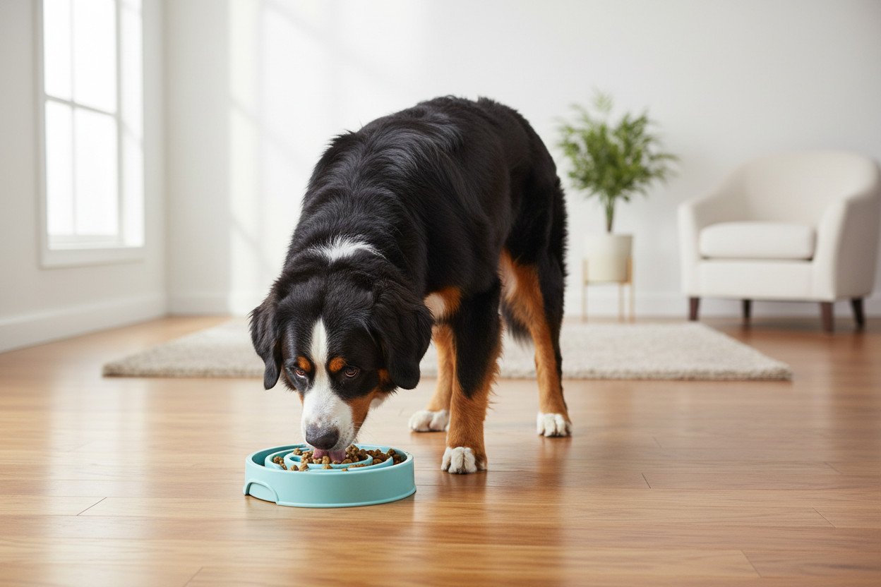 Bernese Mountain Dog with blue bowl