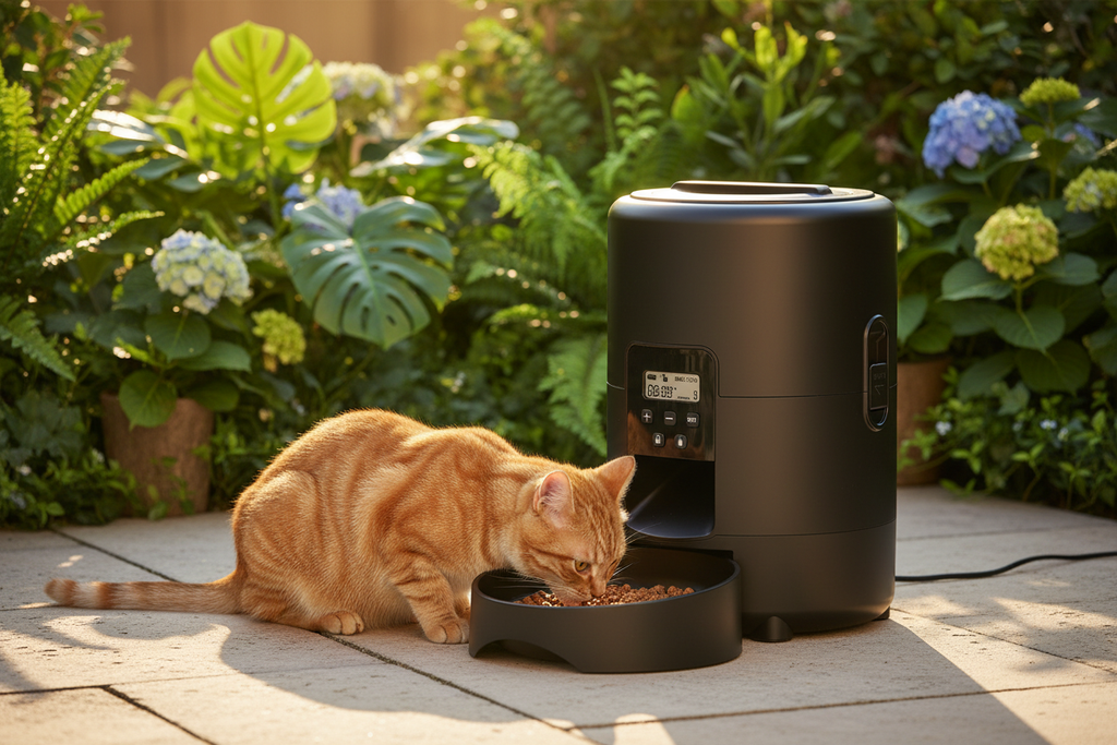 Black feeder – cat, sunny patio