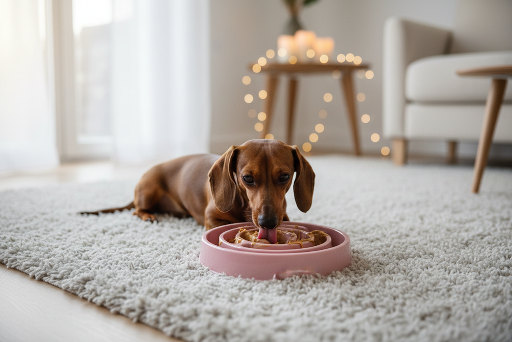Dachshund licking pink bowl
