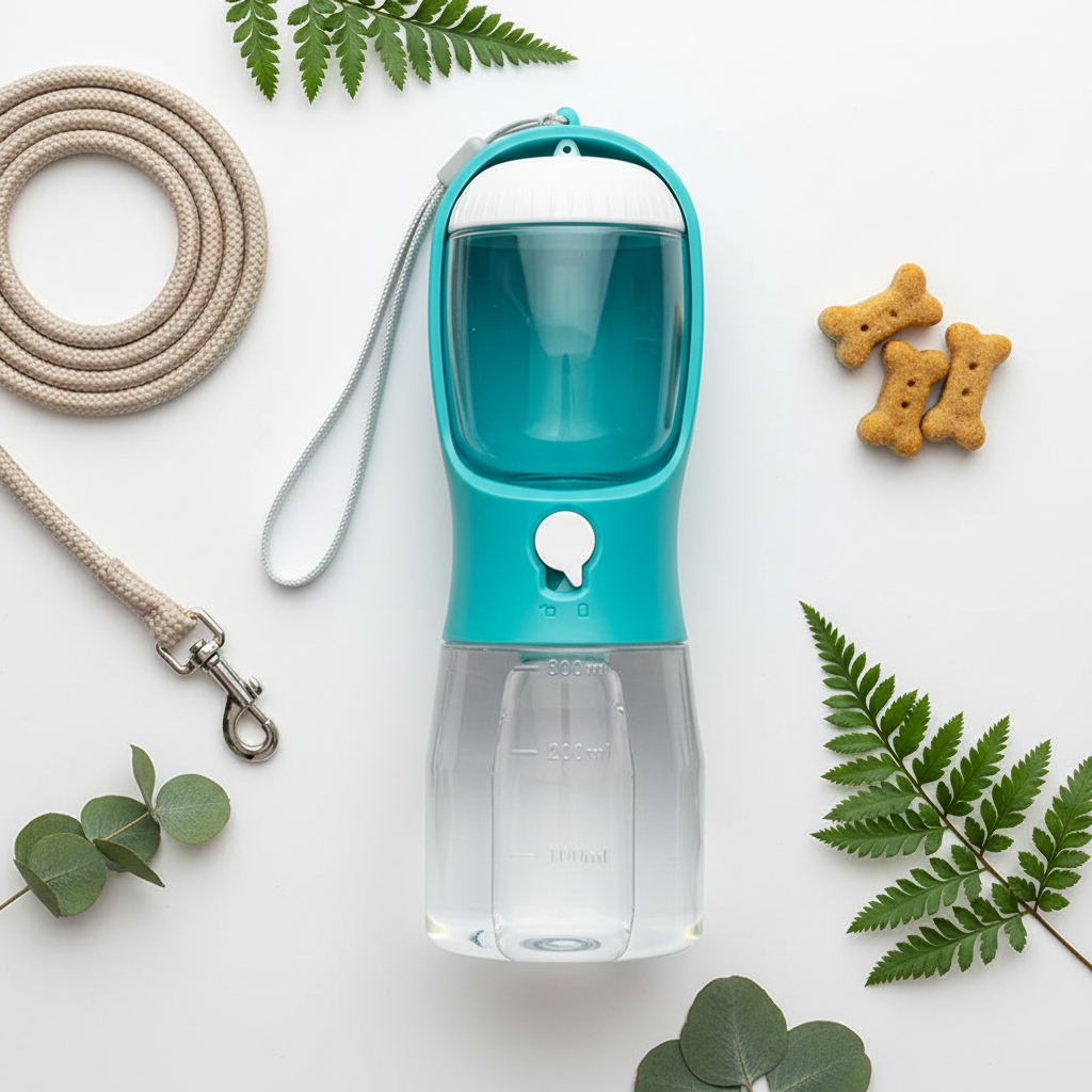Flat lay – dog water bottle