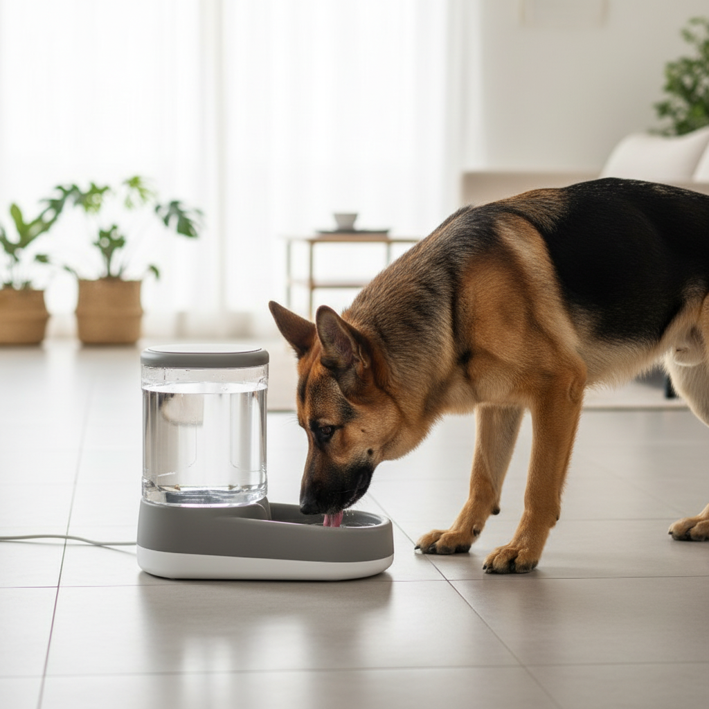 Gray dispenser — German Shepherd drinking, modern home