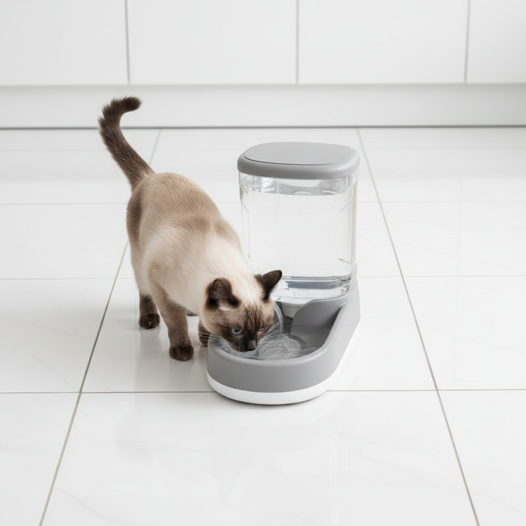 Gray dispenser — Siamese cat, white kitchen, top-down angle