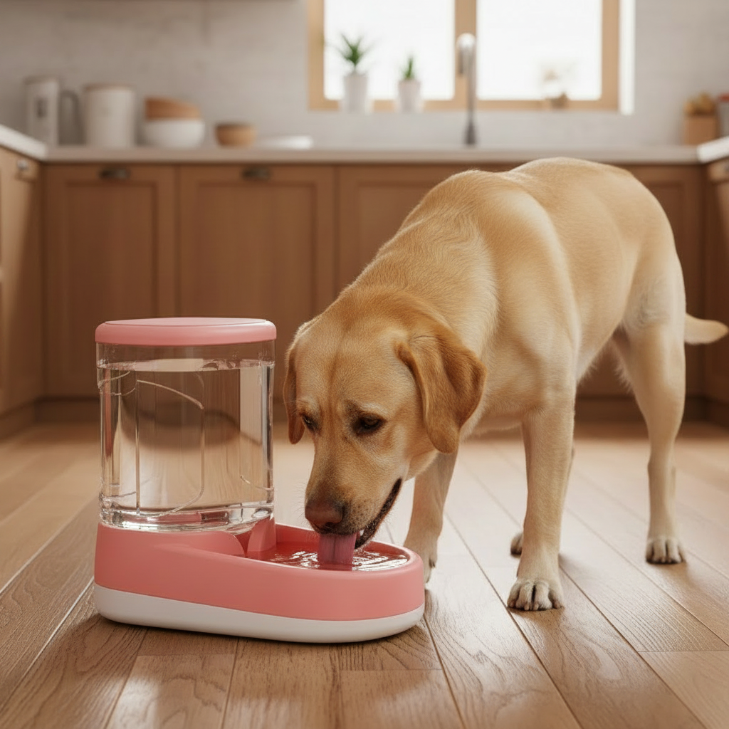Pink dispenser — Labrador drinking, wooden floor, eye-level