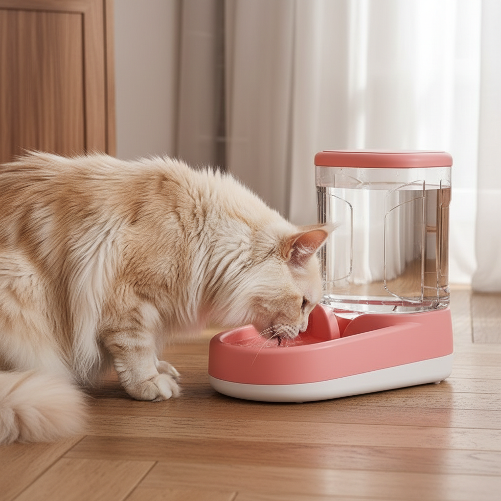 Pink dispenser — Maine Coon cat, warm wooden floor, side angle