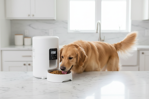 White feeder – dog, marble kitchen