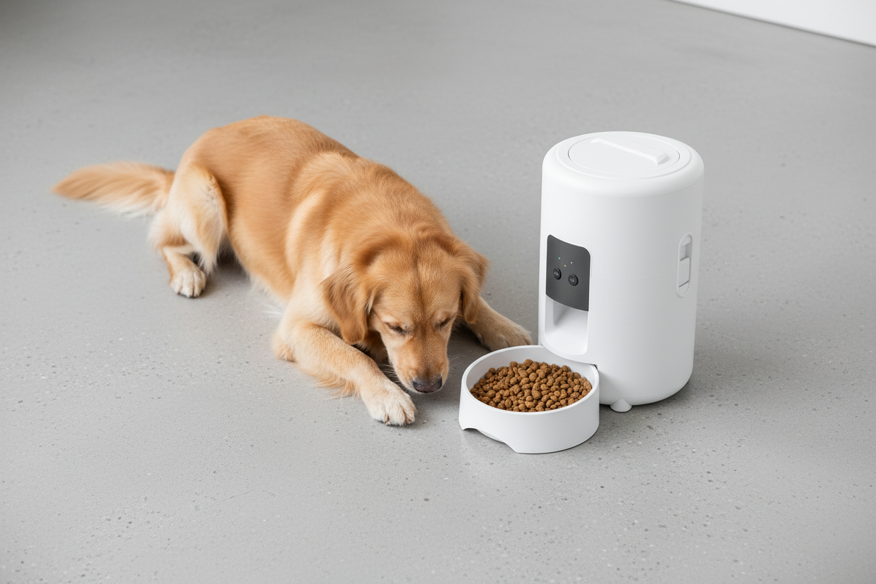 White feeder – dog, overhead concrete floor